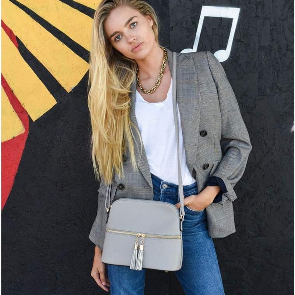 SUGU Lunar Gray Lightweight Medium Dome Crossbody Bag with Tassel